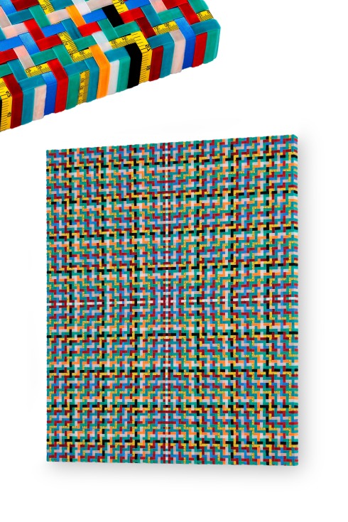 3-Mimmo Iacopino, Misure morbide, strisce di raso, strisce di velluto e metri su tela, 100x120 cm., 2013